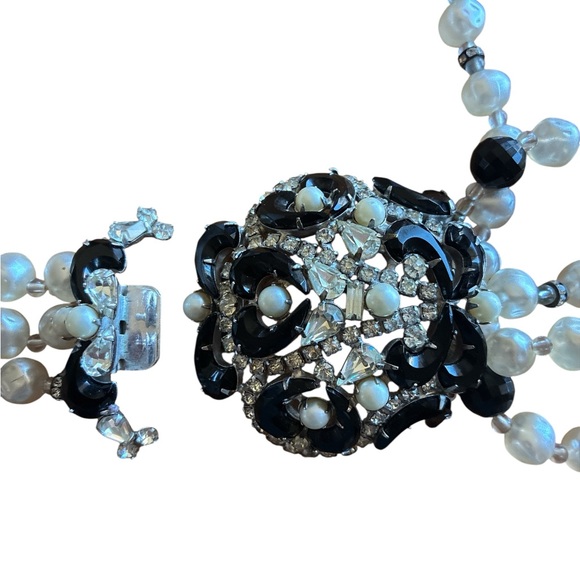 Vintage Brania Runway Black Glass & Clear Rhinestone Pearl Statement Necklace - Picture 3 of 9